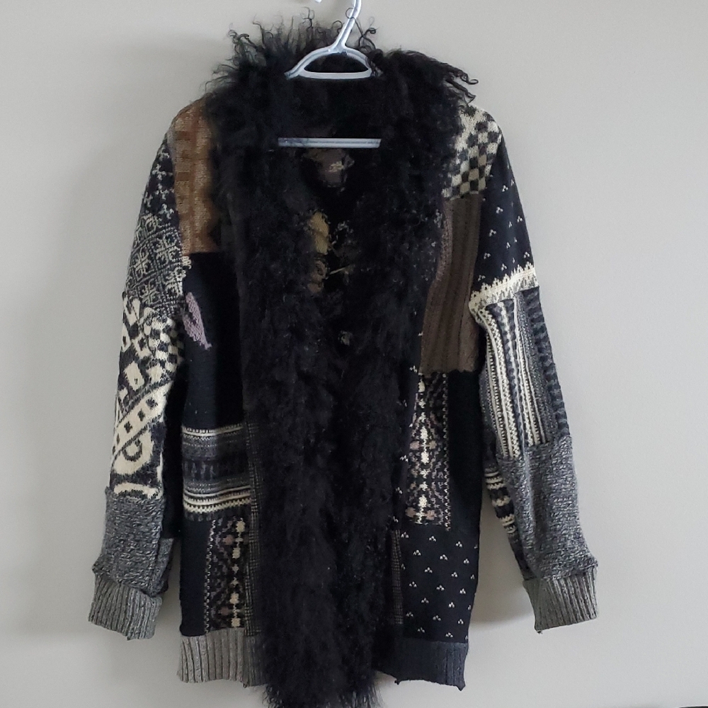 Unknown Brand Bohemian Patchwork Knit Cardigan Sweater with Faux Fur Trim Size M